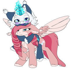 Size: 1600x1631 | Tagged: safe, artist:sundayrain, artist:the-narrator, imported from derpibooru, oc, oc:archimedes, oc:filly fête, pegasus, pony, unicorn, derpibooru community collaboration, 2021 community collab, blushing, cutie mark, female, group hug, group photo, hooves, hug, hugging a pony, looking at you, magic, pony on pony action, riding a pony, simple background, transparent background, two toned mane, two toned tail, two toned wings, wings
