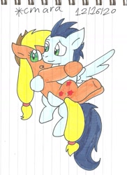 Size: 937x1286 | Tagged: safe, artist:cmara, imported from derpibooru, applejack, soarin', earth pony, pegasus, pony, applejack's hat, bridal carry, carrying, cowboy hat, female, hat, hug, male, mare, open mouth, shipping, simple background, soarinjack, stallion, straight, traditional art, white background