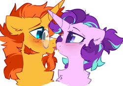 Size: 513x361 | Tagged: safe, artist:mirtash, imported from derpibooru, starlight glimmer, sunburst, pony, unicorn, beard, blaze (coat marking), blushing, bust, chest fluff, coat markings, cute, facial hair, facial markings, female, floppy ears, freckles, glasses, glimmerbetes, looking at each other, male, mare, shipping, simple background, stallion, starburst, straight, sunbetes, sunburst's glasses, tongue out, white background