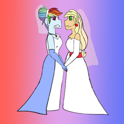 Size: 800x800 | Tagged: safe, artist:mintymelody, imported from derpibooru, applejack, rainbow dash, equestria girls, appledash, clothes, dress, female, lesbian, shipping, veil, wedding dress