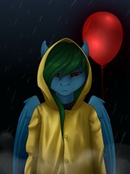 Size: 951x1280 | Tagged: safe, artist:imreer, imported from derpibooru, oc, anthro, pegasus, balloon, commission, it, outdoors, pegasus oc, rain, raincoat, wings, ych result