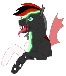 Size: 1732x2000 | Tagged: safe, artist:imreer, imported from derpibooru, oc, oc only, changeling, bust, changeling oc, commission, fangs, forked tongue, open mouth, shapeshifting, simple background, solo, tongue out, transformation, white background, ych result