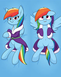 Size: 3276x4096 | Tagged: safe, artist:moonatik, edit, rainbow dash, pegasus, pony, bathrobe, body pillow, body pillow design, clothes, commission, dressing gown, female, heart eyes, looking at you, mare, robe, solo, spread legs, spread wings, spreading, wingding eyes, wings