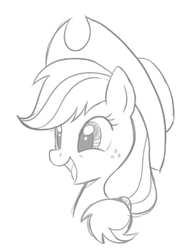 Size: 586x780 | Tagged: artist needed, source needed, safe, applejack, earth pony, pony, cute, female, freckles, hat, mare, monochrome, open mouth, sketch, smiling, solo