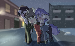 Size: 2989x1815 | Tagged: safe, artist:triplesevens, imported from ponybooru, oc, oc:kona, oc:short fuse, oc:triple sevens, cold, friends, outdoors, snow, trio, walking, winter