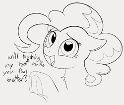 Size: 549x463 | Tagged: source needed, safe, artist:dotkwa, pinkie pie, earth pony, pony, dialogue, feel better, female, frog (hoof), hooves, looking at you, mare, open mouth, sketch, smiling, solo, underhoof