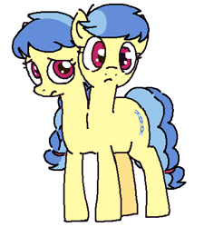 Size: 400x444 | Tagged: source needed, safe, artist:kleyime, oc, oc only, oc:eeny meeny, oc:miney moe, earth pony, pony, concerned, conjoined, conjoined twins, female, looking at you, mare, simple background, white background