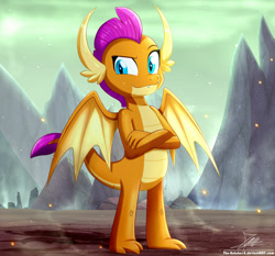 Size: 1280x1192 | Tagged: safe, artist:the-butch-x, imported from ponybooru, smolder, dragon, arms folded, dragon lands, embers, female, looking at you, mountain, open mouth, outdoors, raised eyebrow, raised leg, smoke, solo, spread wings, wings