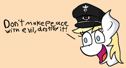 Size: 628x341 | Tagged: safe, artist:pixkraut, imported from ponybooru, oc, oc only, oc:aryanne, earth pony, pony, aryan pony, blonde hair, blonde mane, blonde tail, blue eyes, dialogue, earth pony oc, female, nazi, nazipone, politics, simple background, solo, swastika