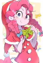 Size: 880x1280 | Tagged: safe, artist:nendo, imported from derpibooru, pinkie pie, equestria girls, alternate hairstyle, bow, braided pigtails, christmas, clothes, costume, cute, diapinkes, hair bow, hat, holiday, ribbon, santa costume, santa hat, solo