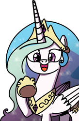 Size: 666x1024 | Tagged: artist needed, source needed, safe, princess celestia, alicorn, pony, crown, female, hoof shoes, horn, jewelry, looking at you, mare, open mouth, peytral, raised hoof, regalia, simple background, smiling, solo, transparent background, wings