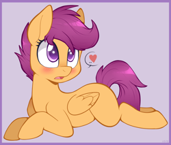 Size: 1000x850 | Tagged: safe, artist:higgly-chan, edit, editor:flutterdashie64, scootaloo, pegasus, pony, blushing, cute, cutealoo, cutie mark, female, filly, heart, open mouth, prone, simple background, solo, sploot, sweet dreams fuel