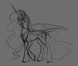 Size: 607x512 | Tagged: safe, artist:anonymous, princess celestia, alicorn, pony, bridle, drawthread, female, horn, mare, peytral, simple background, sketch, solo, spread wings, tack, unshorn fetlocks, wings