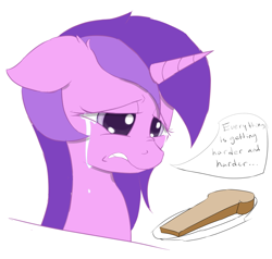 Size: 1198x1141 | Tagged: artist needed, source needed, safe, amethyst star, sparkler, pony, unicorn, bread, crying, dialogue, female, food, horn, mare, sad, simple background, solo, white background