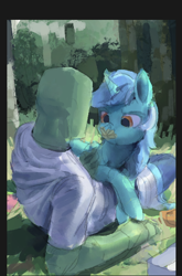 Size: 442x669 | Tagged: safe, artist:rhorse, lyra heartstrings, oc, oc:anon, human, pony, unicorn, daisy (flower), duo, female, flower, horn, lying down, lying on top of someone, mare