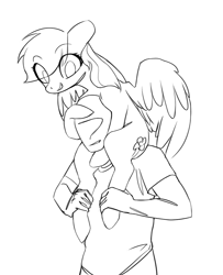 Size: 889x1096 | Tagged: safe, artist:redruin01, rainbow dash, oc, oc:anon, human, pegasus, pony, female, holding legs, lineart, mare, piggyback ride, ponies riding humans, riding, sketch, smiling, spread wings, wings