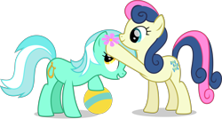 Size: 7980x4293 | Tagged: safe, artist:thatusualguy06, imported from derpibooru, bon bon, lyra heartstrings, sweetie drops, earth pony, pony, unicorn, party pooped, .svg available, absurd resolution, ball, duo, female, flower, flower in hair, mare, simple background, svg, transparent background, vector
