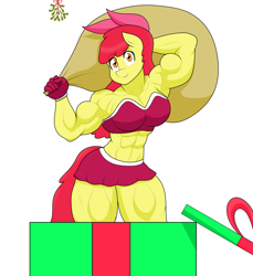 Size: 2181x2382 | Tagged: safe, artist:matchstickman, imported from ponybooru, apple bloom, anthro, earth pony, christmas, female, holiday, looking at you, muscles, muscular female, present, sack, simple background, white background