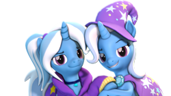 Size: 3840x2160 | Tagged: safe, artist:xppp1n, trixie, 3d, alternate hairstyle, babysitter trixie, cape, clothes, hat, hoodie, simple background, source filmmaker, transparent background, trixie's cape, trixie's hat
