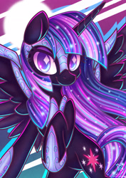 Size: 1600x2264 | Tagged: safe, artist:musicfirewind, imported from derpibooru, twilight sparkle, alicorn, pony, female, gameloft, gameloft interpretation, hoof shoes, looking at you, mare, nightmare twilight, nightmarified, solo, spread wings, wings