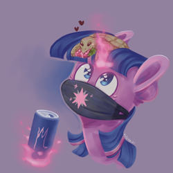 Size: 900x900 | Tagged: safe, artist:krista-21, imported from derpibooru, twilight sparkle, pony, tortoise, bust, eating, face mask, floating heart, food, heart, magic, mask, scorpio, sitting on head, soda can, strawberry, telekinesis