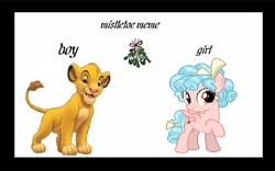 Size: 900x562 | Tagged: safe, artist:arvin-sweetiepupfan, imported from derpibooru, cozy glow, meme, mistletoe, simba