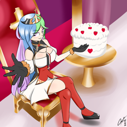 Size: 2000x2000 | Tagged: safe, artist:asajiopie01, imported from derpibooru, princess celestia, human, azur lane, breasts, cake, clothes, crown, food, gloves, humanized, jewelry, looking at you, regalia, richelieu, sitting, throne, throne room