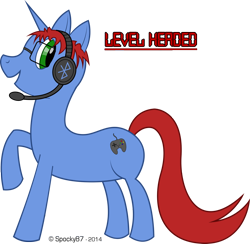 Size: 1484x1449 | Tagged: safe, artist:spocky87, imported from derpibooru, oc, oc only, oc:level headed, pony, unicorn, commission, cutie mark, digital art, glasses, headset, horn, male, simple background, solo, stallion, tail, text, transparent background