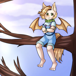 Size: 1280x1280 | Tagged: safe, artist:martenmartes, imported from derpibooru, oc, oc only, oc:fiery star, anthro, bat pony, plantigrade anthro, bat pony oc, bat wings, clothes, crossed arms, digital art, looking at you, sitting, solo, tail, tree, tree branch, wings