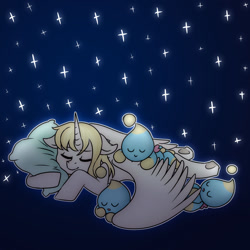 Size: 1280x1280 | Tagged: safe, artist:martenmartes, imported from derpibooru, oc, oc only, alicorn, pony, alicorn oc, commission, digital art, eyes closed, hooves, horn, pillow, sleeping, spread wings, stars, wings