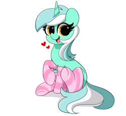 Size: 4096x3787 | Tagged: safe, artist:kittyrosie, imported from derpibooru, lyra heartstrings, pony, unicorn, blushing, clothes, cute, floating heart, heart, lyrabetes, open mouth, redraw, remake, simple background, sitting, smiling, socks, solo, striped socks, white background