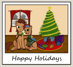 Size: 1827x1662 | Tagged: safe, artist:jackieb, derpibooru exclusive, imported from derpibooru, oc, oc only, oc:allegra mazarine, oc:red bark, bird, bird pone, earth pony, pegasus, pony, brown mane, christmas, christmas tree, closed eye, clothes, feathered tail, garland, gift art, green eyes, happy, holiday, hug, nuzzling, pair, present, red mane, request, secret santa, signature, sitting, snow, striped mane, sweater, text, tree, two toned wings, window, wings, wreath