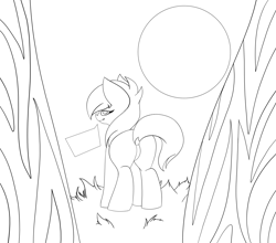 Size: 3023x2663 | Tagged: safe, artist:sundayrain, artist:the-narrator, artist:theunidentifiedchangeling, imported from derpibooru, oc, oc only, oc:revy, oc:revy remilo, oc:revy(theunidentifiedchangeling), pony, flank, forest background, looking at you, looking back, looking back at you, monochrome, moon, sketch, solo, speech bubble