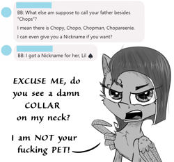 Size: 1400x1307 | Tagged: safe, artist:chopsticks, imported from derpibooru, oc, oc only, oc:cookie cutter, pegasus, pony, ask, ask cookie cutter, cheek fluff, chest fluff, dialogue, ear fluff, female, filly, looking at you, monochrome, pointing, solo, text, vulgar, wing hands, wings