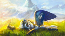 Size: 2500x1406 | Tagged: safe, artist:stdeadra, imported from derpibooru, oc, oc only, cat, pegasus, pony, cloud, grass, lying down, mountain, nature, on side, scenery, sky, solo