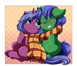 Size: 3480x2948 | Tagged: safe, artist:pridark, imported from derpibooru, oc, oc only, pony, unicorn, blushing, clothes, cute, daaaaaaaaaaaw, duo, female, floppy ears, high res, male, patreon, patreon reward, scarf, shared clothing, shared scarf, sharing, sitting, smiling