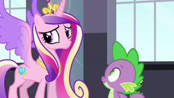 Size: 1920x1080 | Tagged: safe, imported from derpibooru, screencap, princess cadance, spike, alicorn, dragon, pony, princess spike (episode), crown, duo, female, jewelry, male, mare, regalia