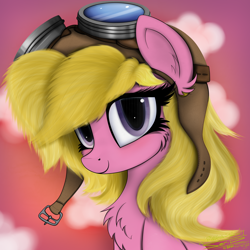 Size: 4000x4000 | Tagged: safe, artist:ser-p, imported from derpibooru, cherry berry, earth pony, pony, absurd resolution, aviator goggles, aviator hat, background pony, bust, cheek fluff, cherrybetes, chest fluff, cute, ear fluff, featured image, female, fluffy, goggles, hat, looking at you, mare, portrait, sexy, sky, smiling, smiling at you, solo, sweet dreams fuel