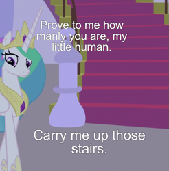 Size: 813x825 | Tagged: safe, edit, imported from derpibooru, screencap, princess celestia, alicorn, human, pony, the summer sun setback, bronybait, canterlot, caption, crown, ethereal mane, female, image macro, jewelry, manly, mare, meta, night, regalia, stairs, text, text edit