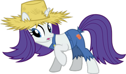 Size: 690x404 | Tagged: safe, artist:sollace, derpibooru exclusive, imported from derpibooru, rarity, pony, unicorn, simple ways, spoiler:harvesting memories, .svg available, clothes, cute, hat, open mouth, overalls, raised leg, rarihick, show accurate, simple background, solo, still fabulous, straw hat, svg, tail, tail hole, transparent background, vector
