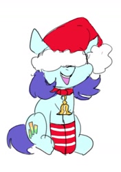 Size: 1094x1551 | Tagged: safe, artist:neoncel, imported from derpibooru, oc, oc only, oc:raven mcchippy, earth pony, pony, bell, bell collar, christmas, clothes, collar, covered eyes, hat, holiday, open mouth, open smile, santa hat, simple background, sketch, smiling, socks, solo, striped socks, white background