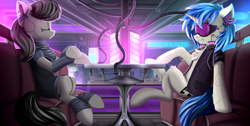 Size: 6450x3250 | Tagged: safe, artist:singovih, imported from derpibooru, dj pon-3, octavia melody, vinyl scratch, earth pony, pony, unicorn, absurd resolution, alcohol, augmented, chest fluff, clothes, club, couch, cyberpunk, cyberpunk 2077, female, generator, glass, glasses, headphones, hologram, horn, mare, pipes, poster, room, table