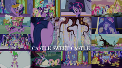 Size: 1990x1119 | Tagged: safe, edit, edited screencap, editor:quoterific, imported from derpibooru, screencap, applejack, fluttershy, pinkie pie, rainbow dash, rarity, spike, twilight sparkle, alicorn, castle sweet castle, alternate hairstyle, golden oaks library, hay bale, i'm pancake, mane seven, mane six, punklight sparkle, twilight sparkle (alicorn), twilight's castle