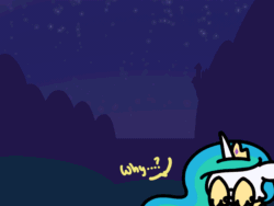 Size: 648x486 | Tagged: safe, artist:flutterluv, imported from derpibooru, pinkie pie, princess celestia, princess luna, alicorn, earth pony, pony, series:flutterluv's full moon, animated, christmas, dialogue, double facehoof, eyes closed, facehoof, female, floppy ears, flying, glow, glowing, hat, holiday, jingle bells, mare, moon, night, open mouth, santa hat, singing, smiling, stars, tangible heavenly object, text, why, yay