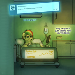 Size: 800x800 | Tagged: safe, artist:captainhoers, imported from derpibooru, oc, oc only, oc:rainbow code, pegasus, the sunjackers, bed, cyberpunk, hospital, hospital bed, male, stallion