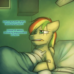 Size: 800x800 | Tagged: safe, artist:captainhoers, imported from derpibooru, oc, oc only, oc:rainbow code, pegasus, the sunjackers, bed, cyberpunk, hospital, hospital bed, male, stallion