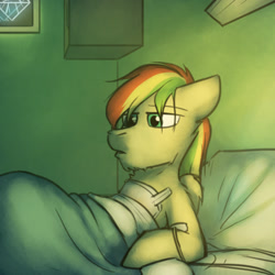 Size: 800x800 | Tagged: safe, artist:captainhoers, imported from derpibooru, oc, oc only, oc:rainbow code, pegasus, the sunjackers, bed, cyberpunk, hospital, hospital bed, male, stallion