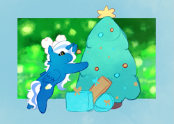 Size: 747x535 | Tagged: safe, artist:snailnation, imported from derpibooru, oc, oc:fleurbelle, alicorn, adorabelle, alicorn oc, bow, chibi, christmas, christmas tree, cute, female, hair bow, holiday, horn, mare, ocbetes, present, tree, wings