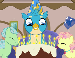 Size: 858x663 | Tagged: safe, artist:queencold, imported from derpibooru, beachcomber (g4), gallus, high tide (g4), earth pony, griffon, balloon, birthday cake, cake, candle, cute, female, food, gallabetes, happy, hat, male, mare, party hat, smiling, stallion, wholesome