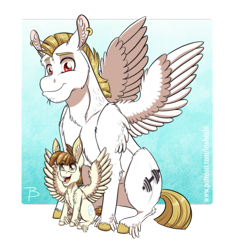 Size: 1181x1260 | Tagged: safe, artist:inuhoshi-to-darkpen, imported from derpibooru, bulk biceps, featherweight, pegasus, pony, ear piercing, earring, father and child, father and son, jewelry, male, open mouth, piercing, simple background, smiling, transparent background